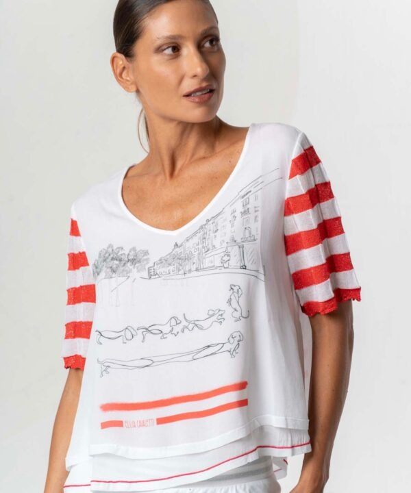 Elisa Cavaletti - Top georgette red stripe short sleeves