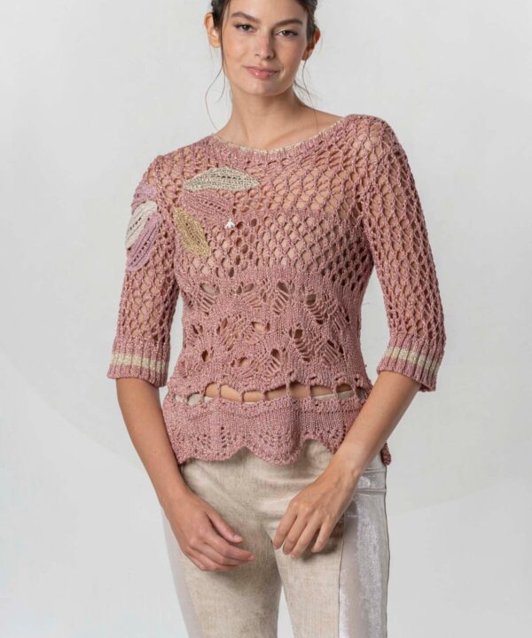 Elisa Cavaletti - Top knit floral embroidery pink lurex