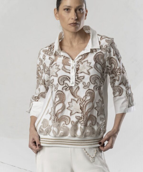 Elisa Cavaletti - Shirt floral embroidery beige and white