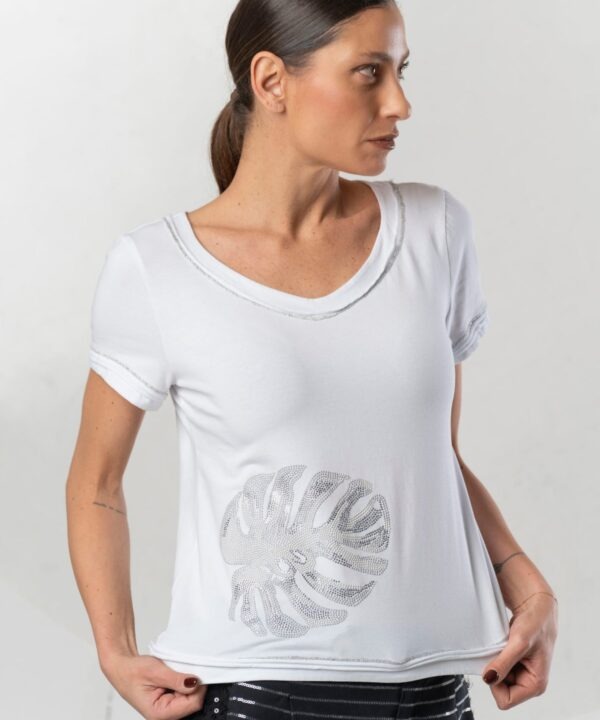 Elisa Cavaletti - T-Shirt leave print rhinestone and pearls