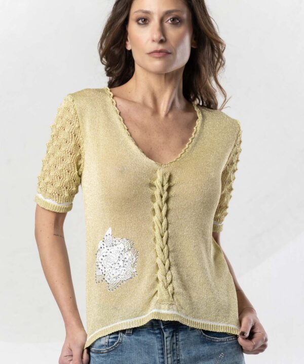 Elisa Cavaletti - Top knit side flower sequence lurex with braid