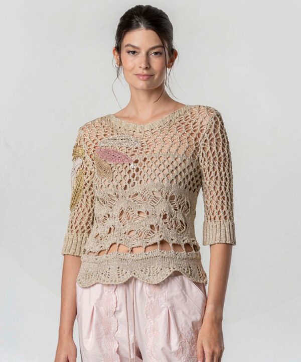 Elisa Cavaletti - Top knit floral embroidery gold lurex