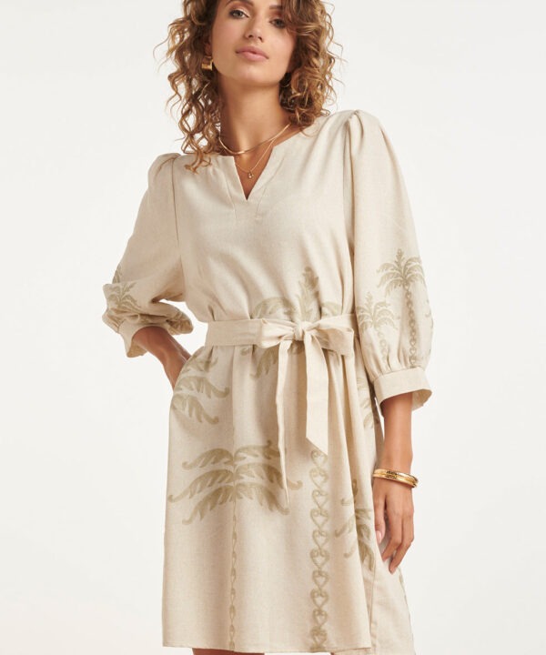 Smashed Lemon - Dress linen palm embroidery beige