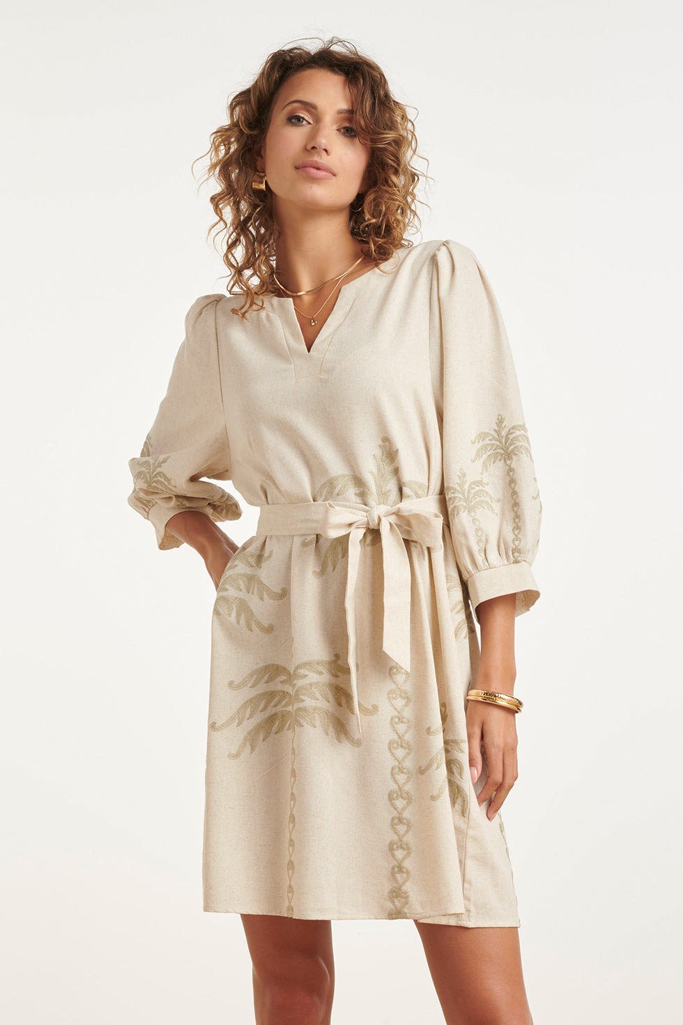 Smashed Lemon - Dress linen palm embroidery beige