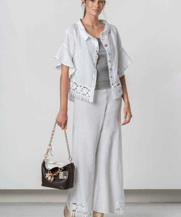 Elisa Cavaletti - Pants linen with shell macrame embroidery