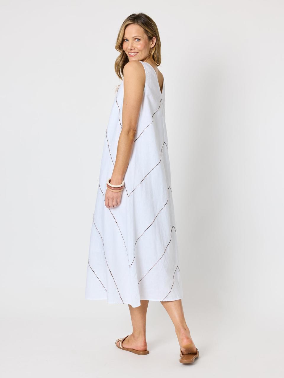 Hammock & Vine - Dress long linen V sleevles brown stitching
