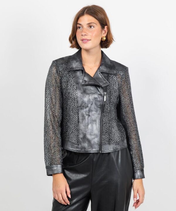 JOSEPH RIBKOFF Jacket suede metallic crochet knit