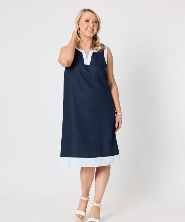 Gordon Smith - Dress linen sleevles white trim